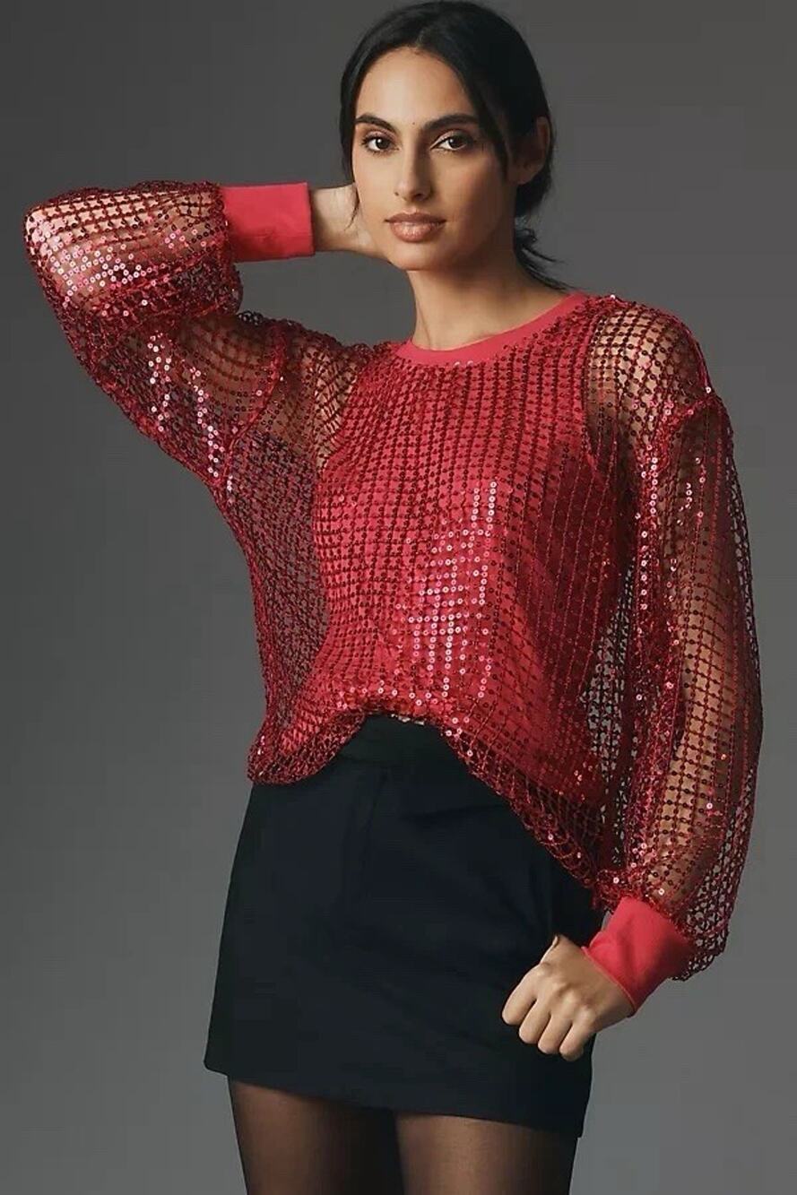 Anthropologie Pilcro Pink Long Sleeve Sequin Mesh Shine Raspberry Top Large